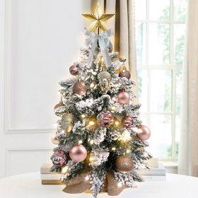 22in Mini Christmas Tree with Lights, Rose Gold Artificial Small Tabletop Christmas Tree with Flocked Snow