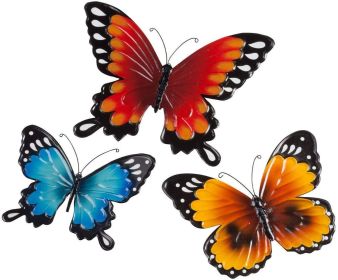 Indoor Outdoor Metal Butterflies Set of 3 Blue Yellow and Orange Butterflies