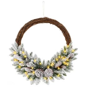 Pre-lit Snow Flocked Artificial Christmas Wreath with 8 Pine Cones and 35 LED Lights