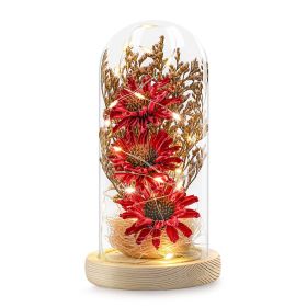 Artificial Sunflower in Glass Dome with Lights ;  Eternal Sunflower Gifts for Women (Color: Red)