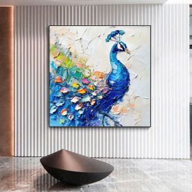 Hand Painted Peacock Oil Painting Bird Original Art Rustic Animals Impasto Artwork Textured Wall Art Decor For Home Spring Gifts Colorful Painting Wal (Style: 01, size: 80x80cm)